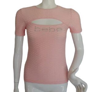 BEBE Top, S, Pink Textured Activewear, Rhinestone LOGO, Keyhole, Short sleeves